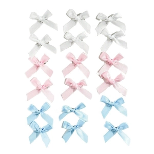 12-piece set of ballet style satin bow hair clips in white pink and blue colors