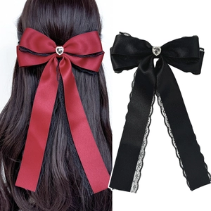 Elegant satin bow hair clip with lace trim and heart rhinestone for women