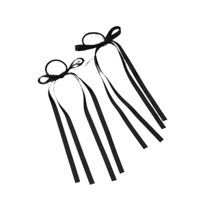 Pair of black ballet-style ribbon bow hair ties with long hanging streamers for women