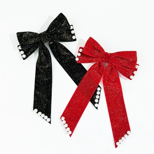French Vintage Large Velvet Bow Hair Clip With Faux Artificial Pearls Elegant Glitter Ribbon Duckbill Clip For Women Party Hair Accessories
