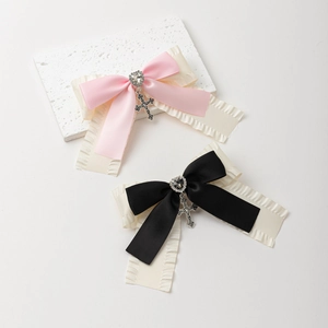 Fermaglio per Capelli Fiocco di Raso Gothic Lolita per Donna Cuore di Strass Pendente a Croce Pizzo Becco d'Anatra Accessori