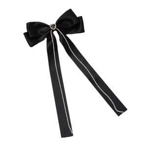 Elegant black satin bow hair clip with heart rhinestone and sparkling tassel fringe