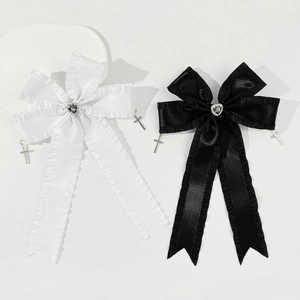 Gothic style satin bow hair clip with heart rhinestone and cross pendants set of two
