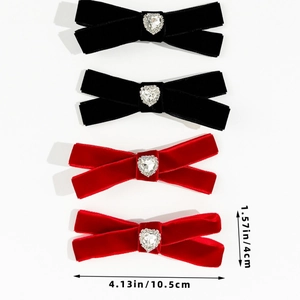 Detailed view of velvet bow hair clips with heart rhinestones and dimensions in inches