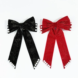 Elegant velvet bow hair clips with pearls in red and black colors for women