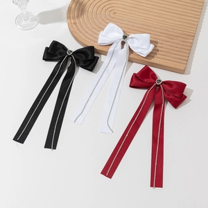 French Vintage Satin Bowknot Hair Clip With Rhinestone Heart And Long Tassel Tulle Ribbon Tassel Hair Accessories For Women