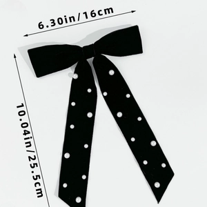 Detailed size specifications for black velvet bow hair clip with faux pearl embellishments