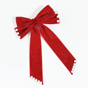 Elegant red velvet bow hair clip with faux pearls and sparkling glitter for women