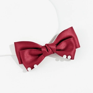 Barrette à cheveux élégante en satin bordeaux avec perles blanches et double nœud chic