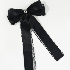 Elegant black satin bow hair clip with heart rhinestone and delicate lace trim