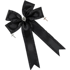 Gothic black satin ribbon hair clip with heart gem and silver cross pendants