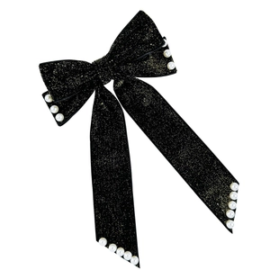 Elegant black velvet bow hair clip with gold glitter and pearl detailing for women