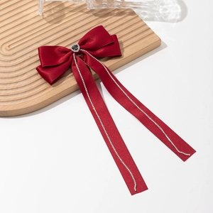 Elegant deep red satin bow hair clip with heart rhinestone and sparkling tassel fringe