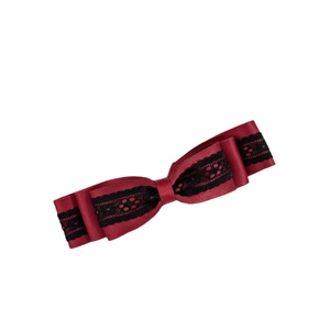Gothic style triple-layer red satin bow hair clip with elegant black lace edges