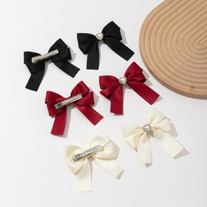 Elegant satin bow hair clips with heart pearls in black, burgundy and cream white