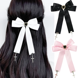Barrette à Cheveux Nœud en Ruban de Satin Gothic Lolita Avec Pendentif Croix Cœur Strass Sweet Cool Accessoires Cheveux Femme