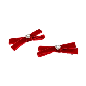 Pair of vintage red velvet bow hair clips with sparkling heart-shaped rhinestones