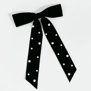 Elegant black velvet hair clip with handcrafted pearls and long ribbons for women
