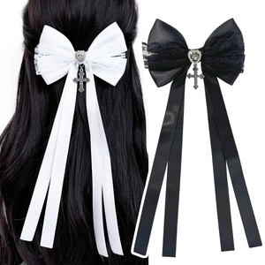 Barrette Nœud Papillon Gothic Lolita Avec Long Ruban Dentelle Cœur Strass Pendentif Croix Métal Accessoire Cheveux