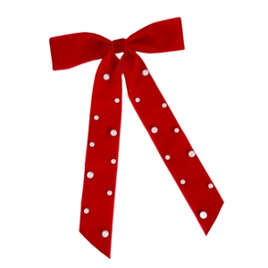 Elegant red velvet bow hair clip with white pearls and long ribbons for women