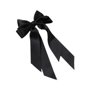 Elegant black satin bow hair clip with long silk ribbon streamers for women