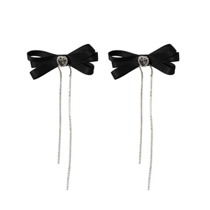 Elegant black satin bow hair clips with heart crystals and long silver tassel chains