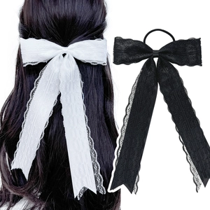 Elegante Elastico per Capelli Francese con Fiocco in Pizzo a Doppio Strato Donna Nastro Lungo Porta Coda di Cavallo Accessori Capelli Retrò