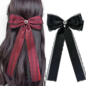 Gothic Dark Sweet Cool Lace Bow Hair Clip With Heart Rhinestone Long Ribbon Bowknot Hairpin Fashion Accessories For Women