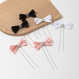 Sweet Ribbon Bow Rhinestone Heart Long Tassel Hair Clip For Women Korean Style Satin Bowknot Duckbill Clip Hair Accessories