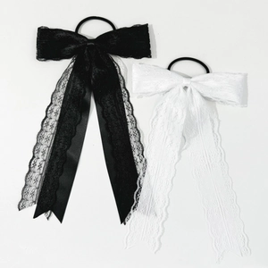 Eleganti elastici per capelli con fiocco in pizzo a doppio strato in raso nero e bianco