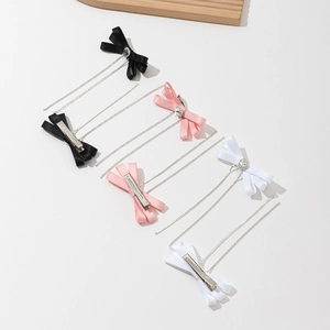 Elegant satin bow hair clips with long rhinestone tassels in black, pink and white