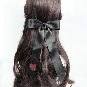 Elegant black satin bow hair clip with red rose embroidery for women and girls