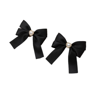 Sweet Korean style black satin bow hair clips with heart-shaped faux pearl centers