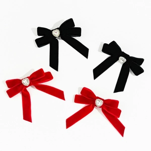 Elegant Velvet Bow Hair Clip For Women Vintage Heart Rhinestone Duckbill Clip Korean Style Bangs Hair Accessory