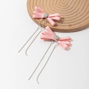 Pink ribbon bow hair clips with heart rhinestone and long tassel fringe accessories