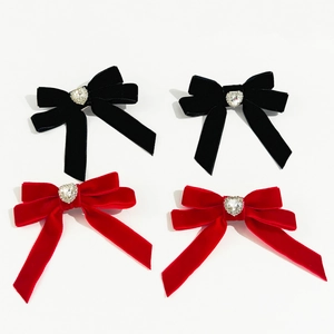 Elegant velvet bow hair clips with heart rhinestones in red and black colors