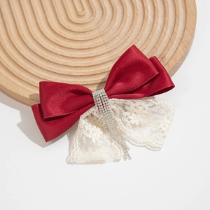 Elegant wine red satin and lace bow hair clip with sparkling rhinestone tassels