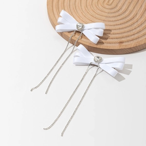Elegant white satin bow hair clips with heart rhinestone and long fringe tassels