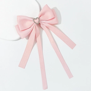Barrette à nœud rose élégante avec strass en forme de cœur et longs rubans en soie