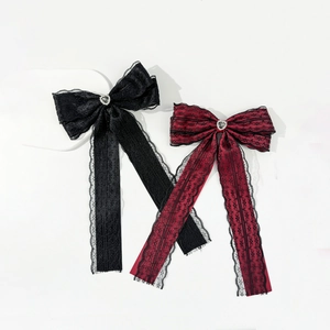Gothic style lace bow hair clips with heart rhinestone in black and burgundy red