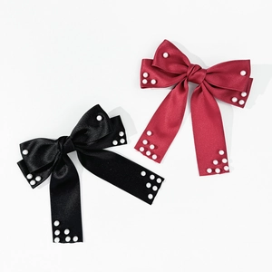 Barrette Élégante en Satin Avec Nœud et Fausses Künstliche Perles 3D Double Couche Long Ruban Épingle à Cheveux Style Vintage Français