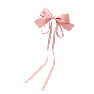 Elegant pink satin bow hair clip with long silk ribbons for women's hairstyle styling
