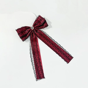 Dark gothic red satin bow hair clip with black lace and heart-shaped rhinestone