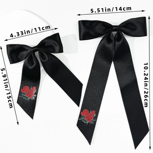 Elegant black satin bow hair clip with red rose embroidery in two distinct sizes