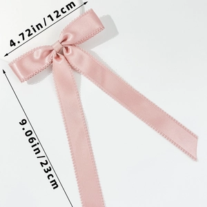 Barrette à nœud en satin rose avec dentelle et rubans longs, de 12cm sur 23cm