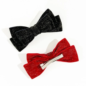 Elegant red and black velvet bow hair clips with glitter metallic threads in a pair