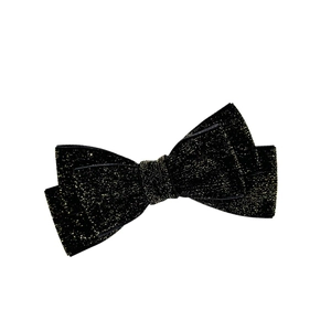 Elegant black velvet hair clip with golden glitter in a classic double-layer bow design