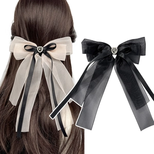 Elegant Mesh Bowknot Hair Clip With Rhinestone Heart Long Streamer Ribbon Sweet Fashion Hair Accessories For Women Party