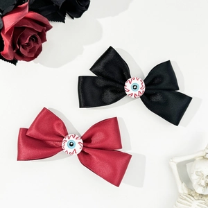 Gothic Halloween hair clips with eyeballs on black and dark red satin bows set
