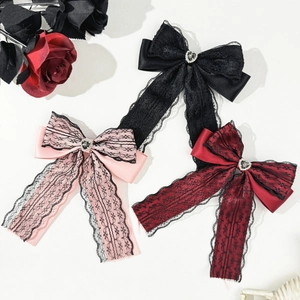 Vintage Gothic Lace Bow Hair Clip For Women Sweet Cool Heart Rhinestone Satin Ribbon Duckbill Clip Lolita Hair Accessories